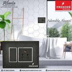 an advertisement for the preson showroom with furniture and accessories on display in front of a white tiled wall