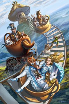 a painting of alice and the seven dwarfs riding on a roller coaster