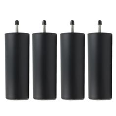 three black cylinders are lined up on a white background