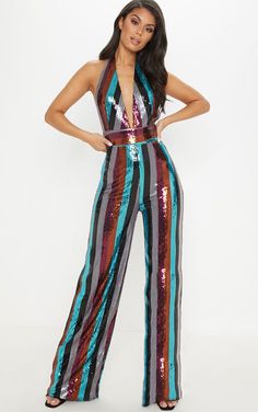 Multi Stripe Sequin Halterneck Jumpsuit 70s Disco Attire, Disco Woman Outfits, 70s Sparkly Outfit, Salsa Club Outfit, Cirque Du Soleil Party Outfit, 70s Disco Jumpsuit Outfit, Soul Train Outfits Women, Formal 70s Outfits, 70s Jumpsuit Outfit