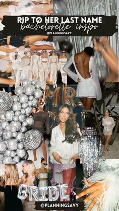 a collage of pictures with people dressed up in white and silver outfits, one woman is