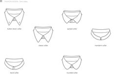 A set of vector shirt collars to make your technical drawings and tech packs look even more professional. Includes:  - button down shirt collar  - spread shirt collar  - classic shirt collar  - mandarin shirt collar  - band shirt collar  - rounded shirt collar  - wing tip shirt collar  - oversize shirt collar  - bar-pin shirt collar  - notched shirt collar  - Cuban shirt collar All elements are created in Adobe Illustrator. Custom colour and size can be applied. Upon the purchase you will receiv Shirt Collar Drawing Reference, Collars Drawing, Collar Technical Drawing, Shirt Collar Drawing, Collared Shirt Drawing, Collar Drawing, Formal Shirt Design, Dress Shirt Collar Styles, Shirt Collar Types