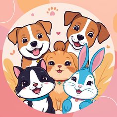 a group of dogs and cats standing next to each other with hearts in the background