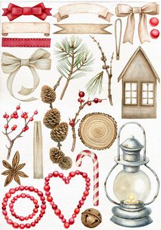 an assortment of christmas items are shown in this illustration, including pine cones, candy canes and other holiday decorations