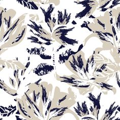 an abstract floral pattern with blue and white leaves on a white background, suitable to be used as wallpaper or fabric