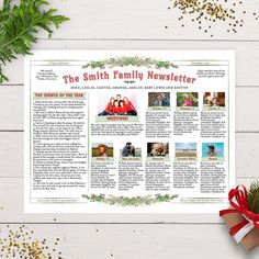 the smith family newsletter is displayed on a table next to some christmas decorations and presents