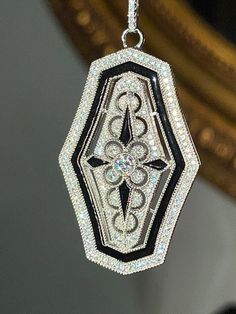 Hand custom made Art Deco style black enamel, Swarovski cz Luxury Black Diamond Cut Jewelry, Elegant Black Enamel Jewelry, Luxury Black Filigree Jewelry, Black Oval Filigree Jewelry, Oval Black Filigree Jewelry, Black Sterling Silver Diamond Cut Jewelry, Black Sterling Silver Jewelry With Diamond Cut, Black Diamond Cut Sterling Silver Jewelry, Black Engraved Pendant Jewelry