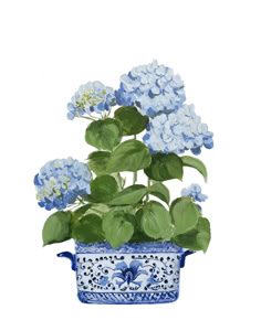 a painting of blue flowers in a blue and white flower pot with green leaves on it