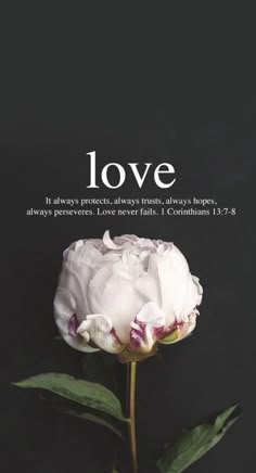 a white flower with the words love written on it's side and an image of a