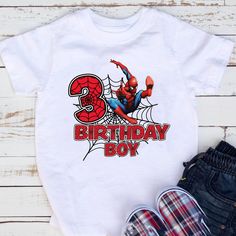 Spiderman Birthday Shirt (1-9 years old) Family Matching Shirt, Spiderman Birthday shirt, Spiderman Birthday Shirt, Personalized Spiderman, Custom Shirt DESCRIPTIONS! * One-sided printing is included in the price. * Please contact us if there is a color that you cannot find in the list. * - We have 3 different tshirt brand that we use, if you only want one particular brand please ask the seller for availability, if you do not ask we will ship the available brand. * You can message us 24/7 for any question. We will reply you as soon as possible. (including Saturday and Sunday) Unisex Short Sleeve Tee * 100% Airlume combed and ringspun cotton (fiber content may vary for different colors) * Light fabric (4.2 oz/yd² (142 g/m * Tear away label * Runs true to size * Non-chlorine: bleach as neede Two Year Old Spiderman Party, Spider Man Birthday Shirt Boys, Spiderman Birthday Shirt Boys, Spider Man Birthday Shirt, Spiderman Birthday Shirt, Spiderman Custom, 3rd Birthday Party For Boy, Spiderman Shirt, Spiderman Theme