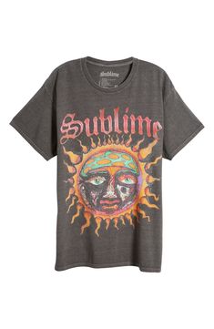 The '90s SoCal style shines through on this faded, oversized Sublime T-shirt featuring the rock band's iconic logo. 28 1/2" length (size Medium) Crewneck Short sleeves 100% cotton Machine wash, tumble dry Imported Cheap Music-themed T-shirt For Music Festivals, Sublime Tshirts, Sublime Aesthetic, Band Merch Ideas, Graphic Tshirt Outfit, Sublime Sun, Socal Style, Vintage Band T Shirts, Clothes Wishlist