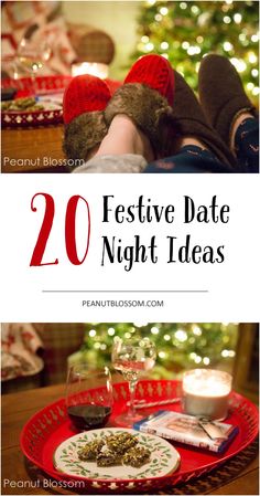 a person laying on top of a red plate next to a christmas tree with the words, 20 festive date night ideas