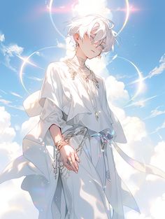 an anime character with white hair standing in front of blue sky and clouds, holding his hand on his hip