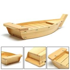 the wooden boat is made out of wood and has three compartments for it to store items