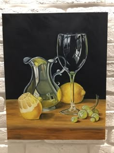 a painting of two wine glasses and lemons on a table