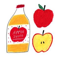 an apple juice bottle and two apples are drawn on paper with colored crayons