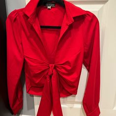 Never Worn Red V-neck Shirt For Fall, Red Shirt For Spring Party, Red Party Shirt For Spring, Red Collared Shirt For Party, Red Collared Party Shirt, Chic Red Party Shirt, Trendy Fitted Red Shirt, Trendy Red V-neck Shirt, Red Party Shirt For Fall