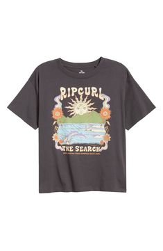 A retro beach graphic lends ultracool throwback vibes to this relaxed-fit T-shirt made from soft cotton jersey. Crewneck Short sleeves 100% cotton Machine wash, line dry Imported Beach Graphic Cotton Tops, Beach Cotton Tops With Graphic Design, Cotton Beach Tops With Graphic Design, Casual Beach Tops With Graphic Design, Retro Printed T-shirt With Relaxed Fit, Summer Band Merch Printed T-shirt, Beach Graphic Tee With Graphic Design, Vintage Graphic Print Beach Tops, Relaxed Fit Graphic Tee With Graphic Print