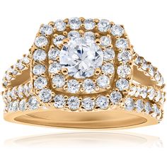 a yellow gold ring with white diamonds on the band and an oval center surrounded by smaller round