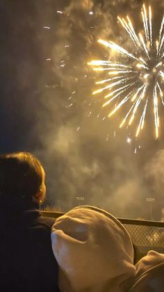 fireworks are lit up in the night sky above a park area with people sitting and watching