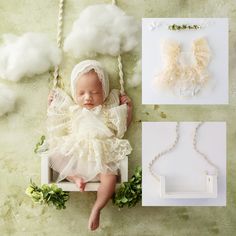 a baby is laying on a swing next to other items that include necklaces and angel wings