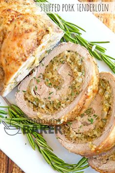 sliced pork tenderloin on a white platter