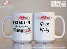 FREAK OUT! You're Going To Be a Nana AGAIN Mug, Promoted To Nana Gift, New Nana, Pregnancy Announcement Baby Reveal Gift Nana Mug MPH517 ♥ ABOUT OUR MUGS ♥ All designs are personally created by me and exclusive to DesignsbyLindaNee ♥ Each product is custom imprinted in our studio in Henniker, New Hampshire, using professional materials and processes ♥ Only top quality products and sublimation inks are used to produce vibrant, brilliant colors that will not fade or scratch ♥ Microwave and dishwas Nana Mug, Sublimation Gifts, Kraft Gift Boxes, Glass Mason Jars, Nana Gifts, Baby Reveal, Beer Mugs, White Enamel, Pregnancy Announcement