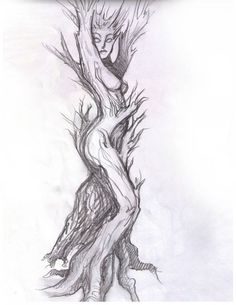 a pencil drawing of a tree with a woman in the center and branches growing out of it