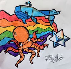 a drawing of an octopus holding a star in the sky with rainbows and stars around it