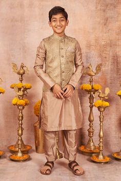 Brown silk bundi jacket with floral embroidery. Comes with pyjama and a kurta. - Aza Fashions Boys Kurta, Brown Silk, Embroidered Jacket, Band Collar, Kurta Set, Green Silk, Aza Fashion, Full Sleeve, Pure Silk