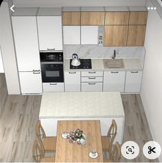 an image of a kitchen with white cabinets and wood flooring on the walls is shown