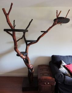 a living room with a couch and tree branches