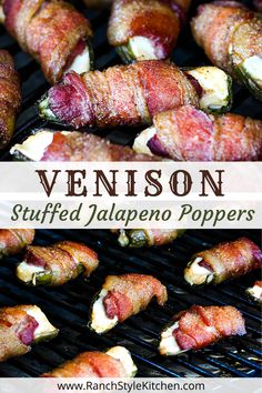 bacon wrapped stuffed jalapeno poppers on a grill with text overlay