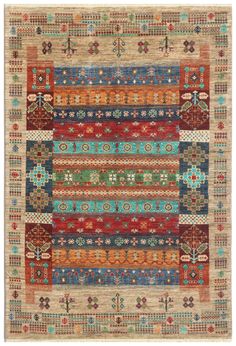 a multicolored rug with many different patterns