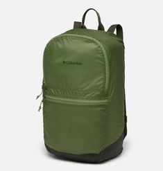 a green backpack with the word columbia written on it's front and side pockets