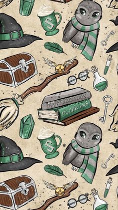 an image of harry's hat and other items on a tablecloth with green ink