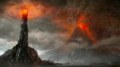 an image of a tower that is in the air with lava coming out of it