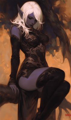 Dark Elf Artwork, Drow Rouge, Female Drow Art, Black Hair Elf Female Art, Drow Character Design, Dnd Character Design Female Elf, Drow Character Art, Witch Art Drawing, Drow Woman