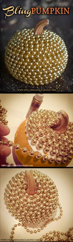 the instructions for how to make a pumpkin beaded necklace with gold chains and pearls