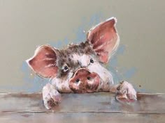 a painting of a pig leaning on a table with its head resting on the edge