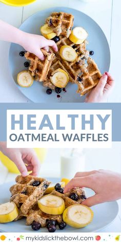 healthy oatmeal waffles with bananas and blueberries on a plate