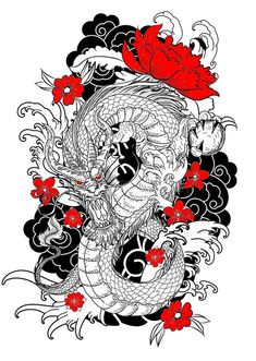 White Dragon With RED Blossoms Red Dragon Black Flowers Tattoo, Dragon Red Tattoo, Black And Red Dragon Tattoo, Dragon Tattoo Background, Dragon With Flowers Tattoo, Dragon Flower Tattoo, Dragon With Flowers, Black Flowers Tattoo