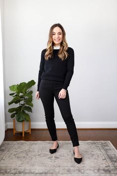 10 Items 20 Outfits for Work - Pumps & Push Ups Business Outfits With Flats, All Black Outfit For Work Winter, Psychologist Outfit Professional Women, Preppy Work Outfits Women, Neutral Work Outfit, Black Pants Work Outfit, Ceo Wardrobe, Psychologist Outfit, Capsule Wardrobe For Work