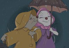 two people standing under an umbrella in the rain, one holding onto another person's head