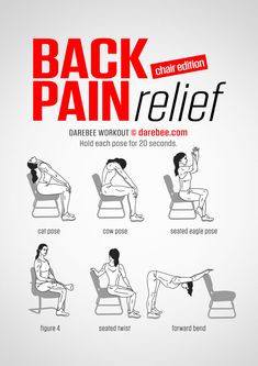 the back pain relief poster shows how to do it in different positions, including sitting and standing