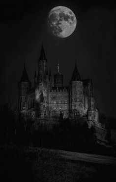 an old castle lit up at night with the moon in the background