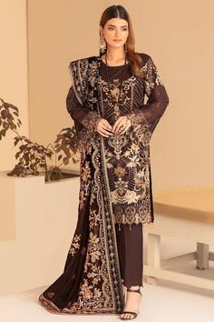 Brown Pakistani Dress, Net Suit, Pakistani Winter Dresses, Pakistani Suit, Velvet Shawl, Raw Silk Fabric, Organza Sleeves, Net Dress, Brown Shade