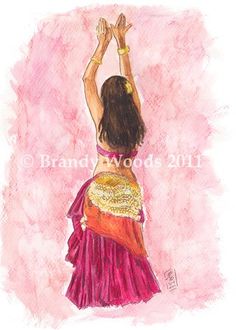 a drawing of a woman in a pink dress with her hands up to the sky