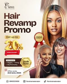 an ad for hair revamp prono with two women smiling and one woman looking at the camera