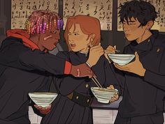 three people in uniform are eating out of white bowls with chopsticks on their hands